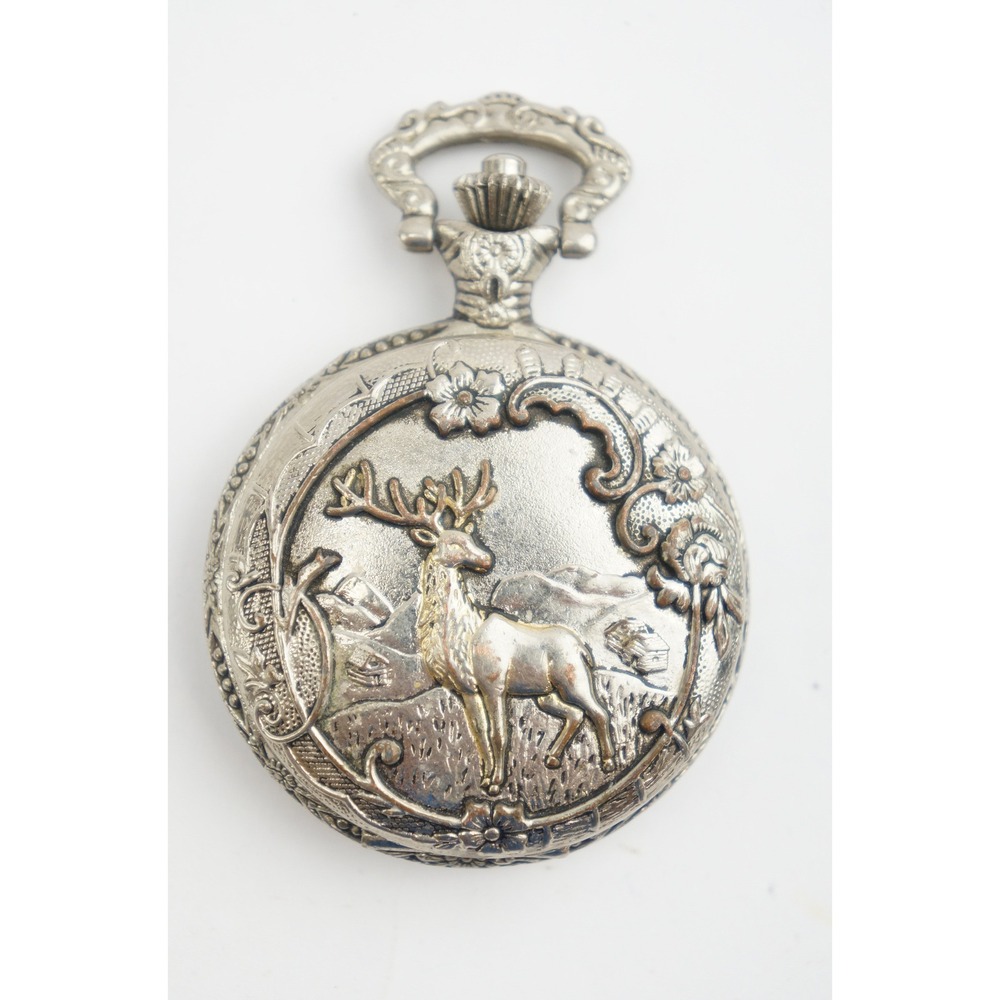 Details Pocket Watch Silver Elk Deer Embossed Quartz Good Need Battery